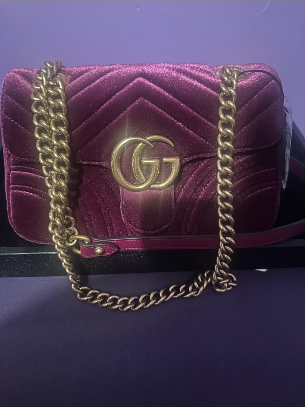 Gucci Purple Velvet GG Marmont Shoulder Bag - with Gold Hardware